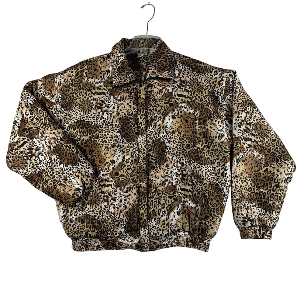 Vtg FUDA International Jacket Womens Medium Silk Leopard Animal Print Bomber